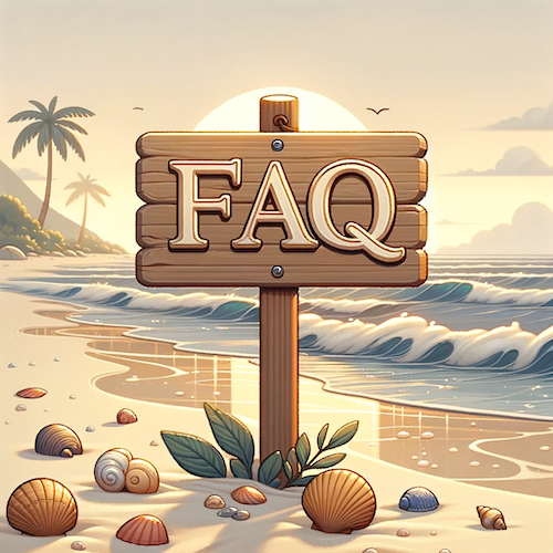 FAQ typed on a board stuck in the beach sand at an ocean. Cartoon. 