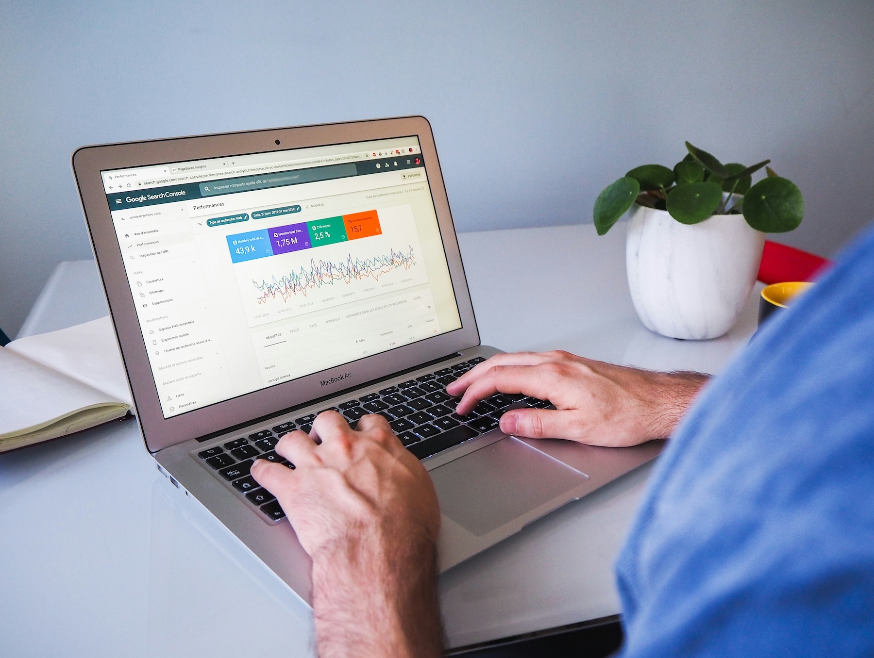 Person sitting at desk looking at Google Analytics on laptop.