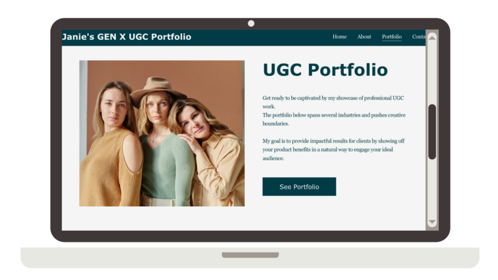 Image of computer website mockup. The image has 3 ladies on teh left side wiht "UGC Portfolio" on the right side of the image.