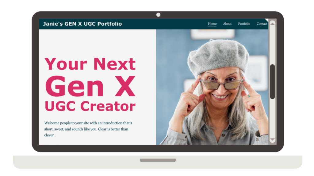 An image of the homepage of the UGC Creator Website Template. On the right side is a mature female in a gray wool beret in gray glasses with gray shoulder link hair. The left side has texts for the heding 0 Your Next Gen X UGC Creator.